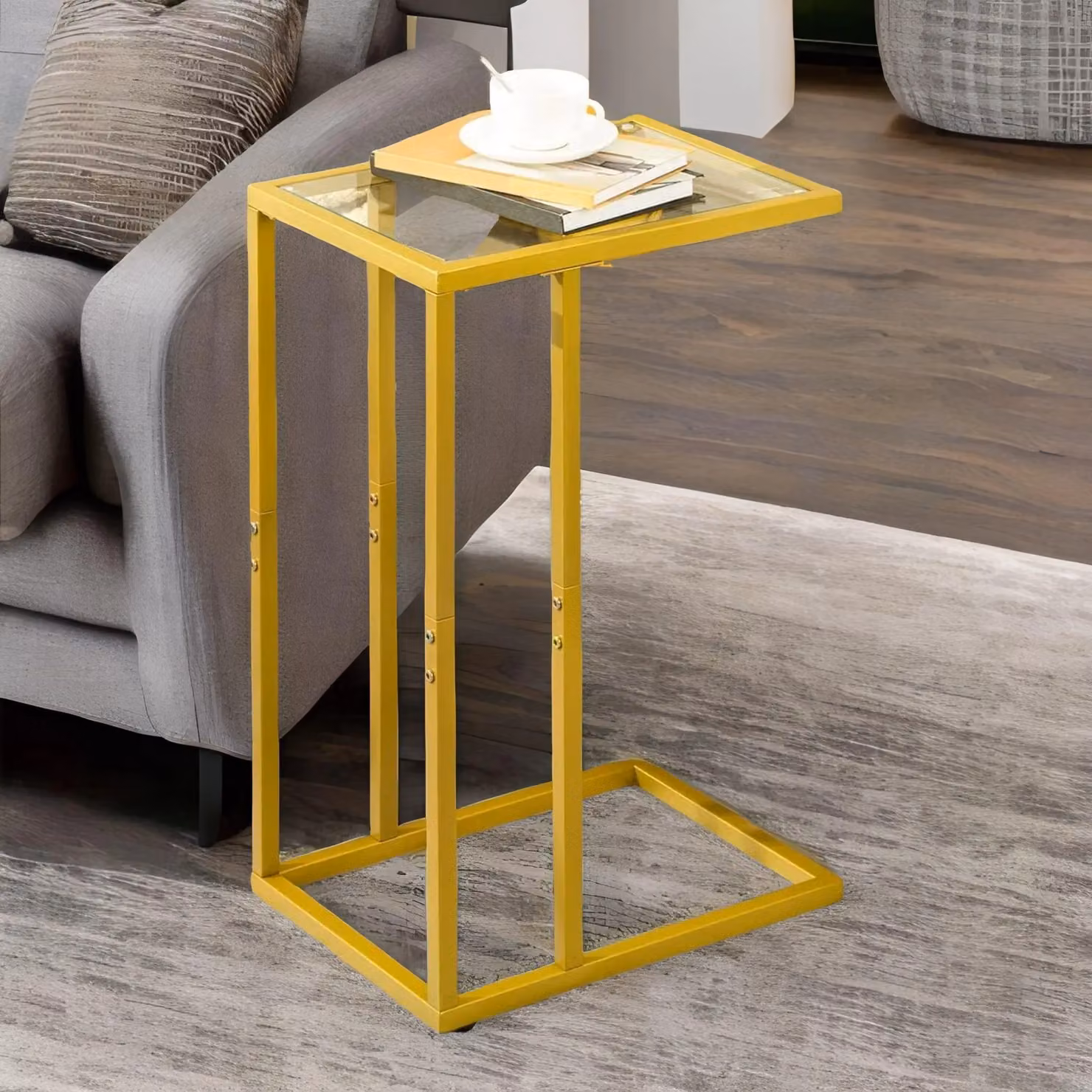 Rafaelo Mobilia Gold C Shape Side Table with Tempered Glass, W/D/H: 30 x 30 x 62 cm – 2
