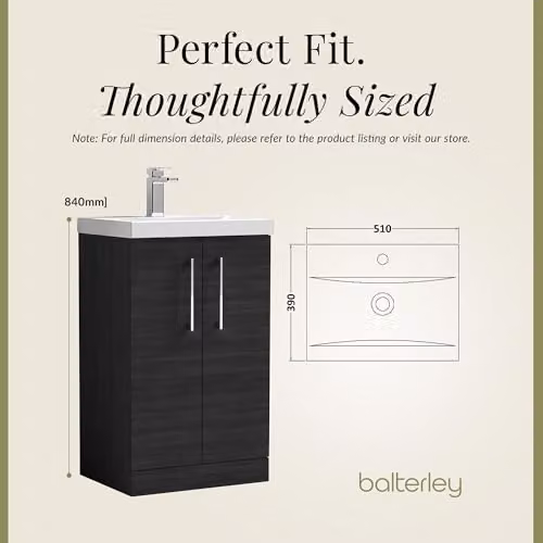 Balterley Floor Standing Bathroom Vanity Unit with Basin and Soft Close 2 Doors in Charcoal Black, W/D/H: 51 x 39 x 84 cm – 2