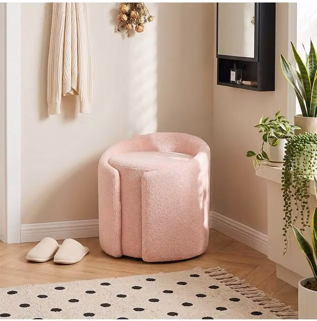 Living and Home Teddy Fleece Upholstered Cylindrical Vanity Stool in Pink