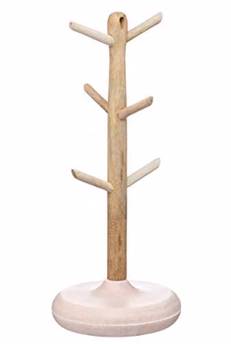 KitchenCraft Serenity Freestanding Wooden Mug Tree in Mango Wood and Marble, Brown and Pink, W: 15 cm, H: 36 cm, D: 15 cm