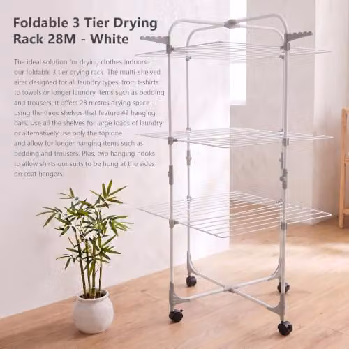 JVL Foldable 3 Tier Drying Rack with Hooks, White, W/D/H: 135.0 x 68.5 x 28.0 cm – 2