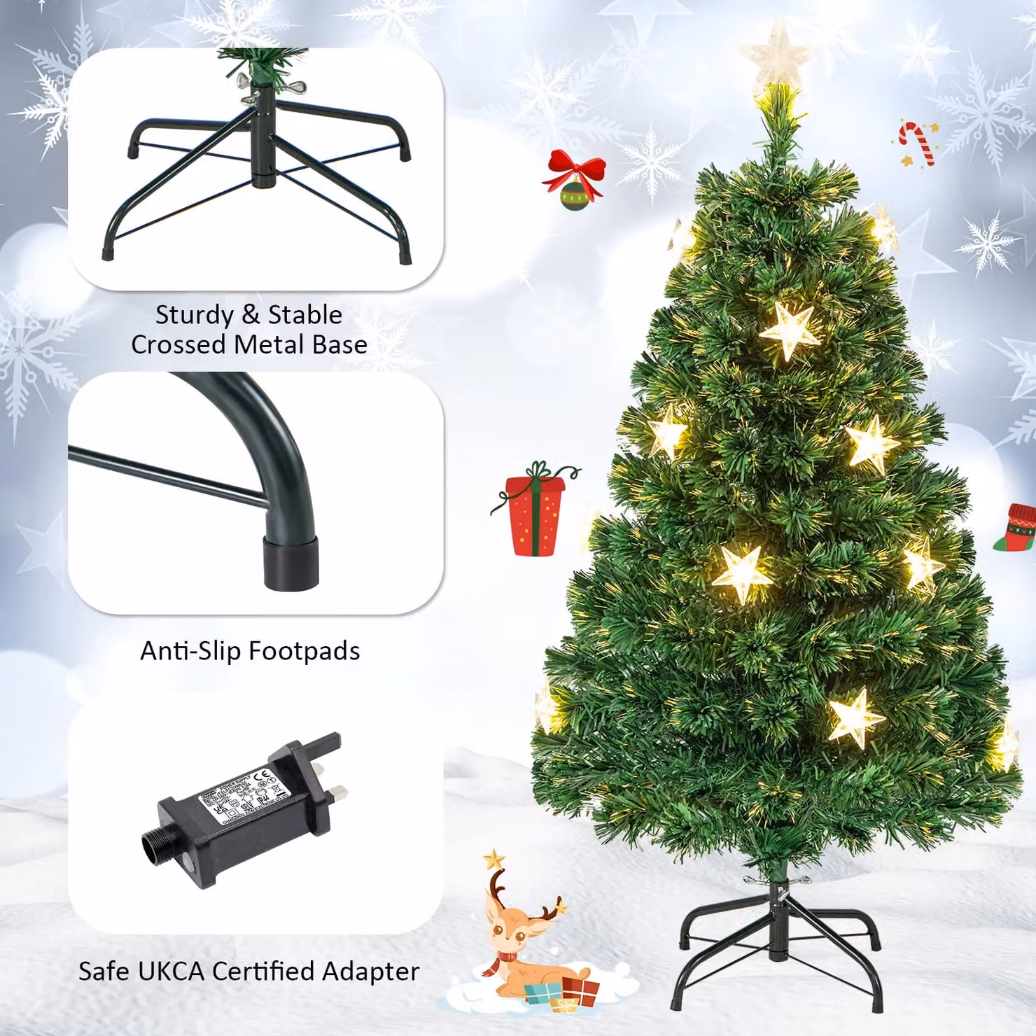 Costway 5ft Pre-Lit Artificial Christmas Tree with Fiber Optics in Green, H 152.4 cm x W 71.0 cm – 5