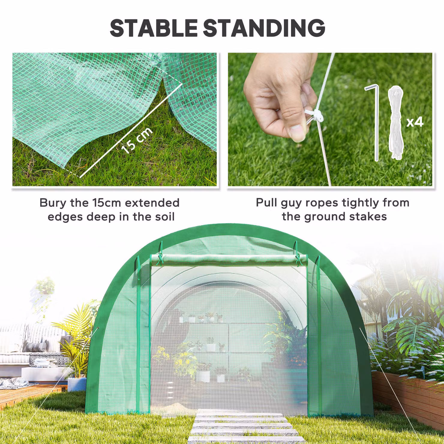 Outsunny Green Polytunnel Greenhouse with Upgraded Structure, Mesh Door, Windows and 15 Plant Labels, W: 6 m, D: 3 m – 4
