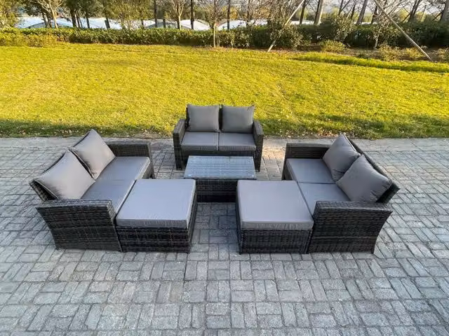 Fimous 8 Seater Rattan Garden Furniture Set in Dark Grey with Rectangular Coffee Table and Two Ottomans