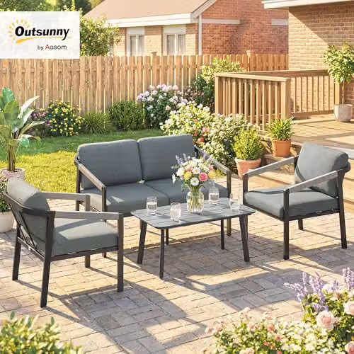 Outsunny 4 Seater Powder Coated Aluminium Garden Furniture Set in Black with Upholstered Cushions – 2