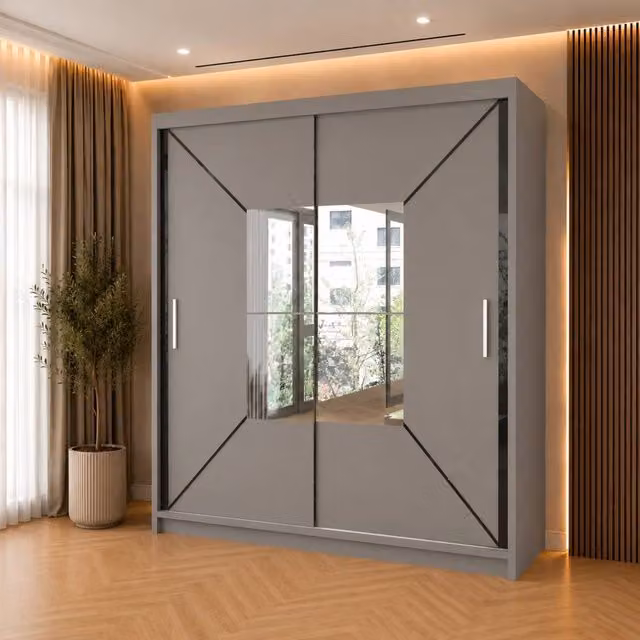 Sliding Wardrobes 4U Double Center Mirror Sliding Door Wardrobe in Grey, W/H: 120 x 217 cm