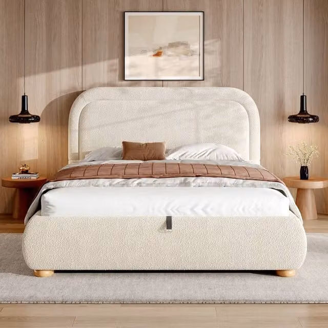 Matteo Beige Bouclé Double Ottoman Storage Bed Frame with Curved Headboard – 1