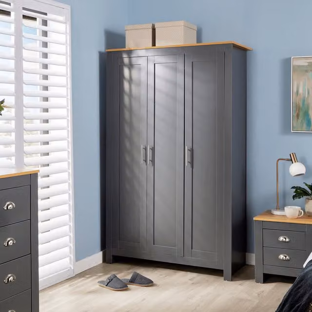 Home Source Camden 3 Door Wardrobe Bedroom Storage Unit in Anthracite Grey and Oak Finish