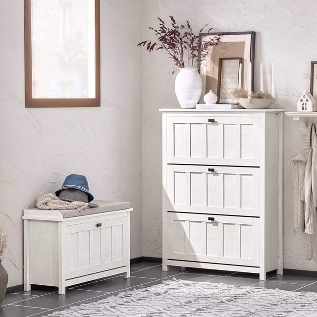 SoBuy Modern White Slim Shoe Cabinet with Tilting Compartments and Internal Shelves
