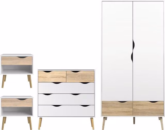 Furniture To Go Oslo 4 Piece Scandinavian Bedroom Set in White and Oak