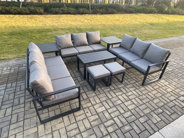 Fimous 11 Seater Outdoor Garden Furniture Set in Dark Grey with Powder Coated Aluminium Frame, Oblong Coffee Table, 3 Seater Sofa and 2 Ottomans with Cushions
