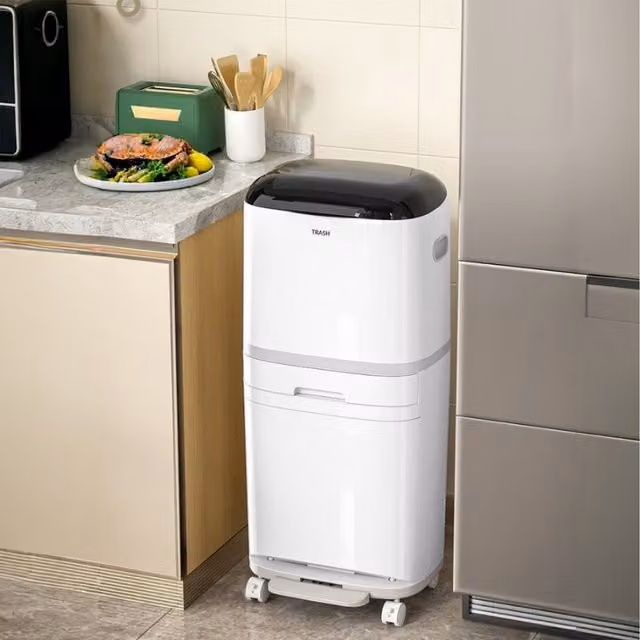 Lifeideas 3 Tier White Plastic Kitchen Waste Separation Bin with Pedal and Removable Inner Buckets
