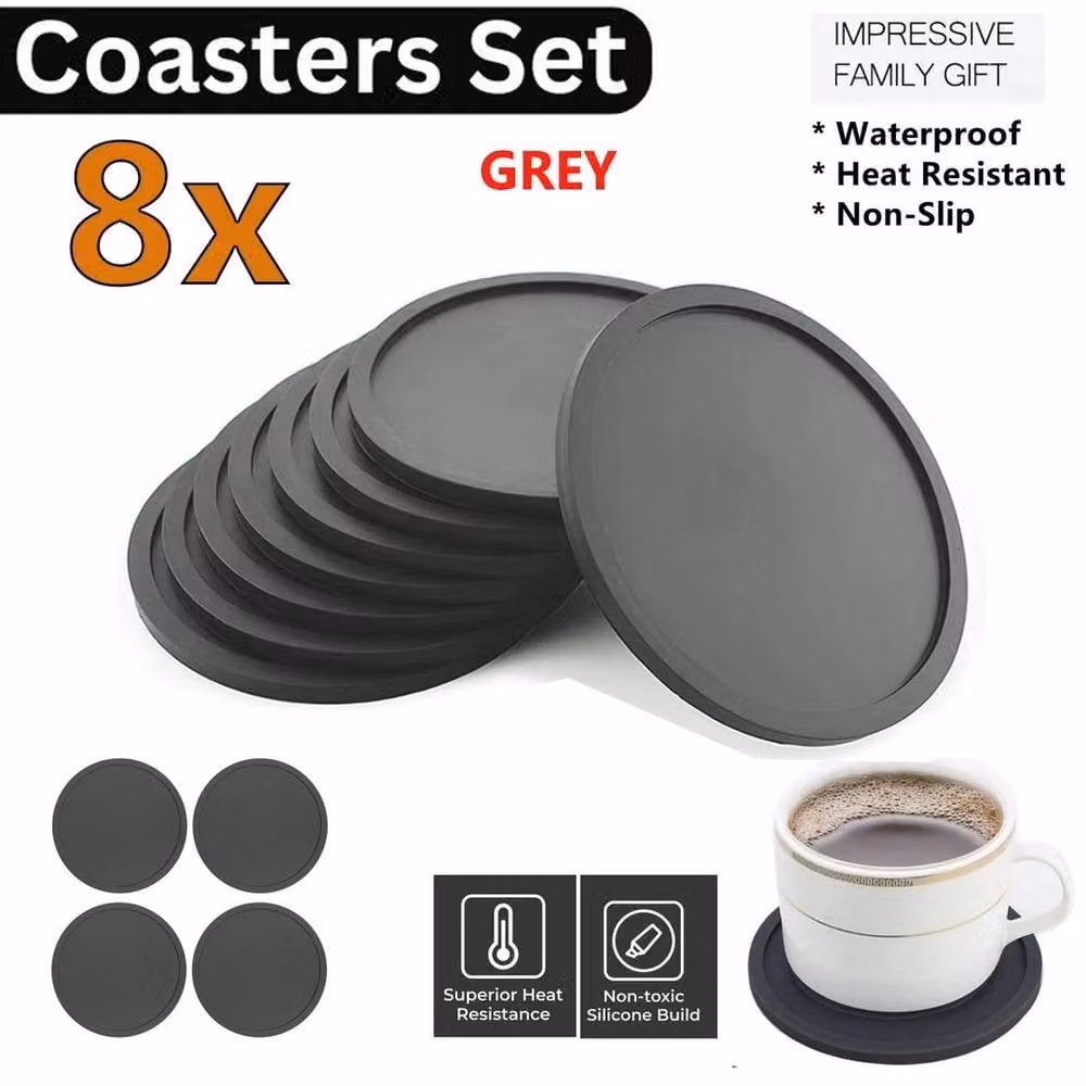 PAWNORA Set of 8 Non-Slip Round Silicone Coasters in Grey – 2