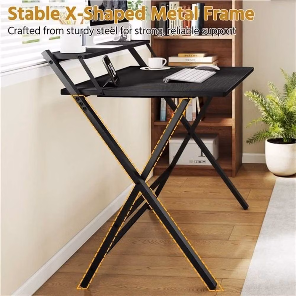 KORVIXA Foldable Computer Desk in Black with Monitor Shelf, W/D/H: 90.5 x 60.5 x 60.5 cm – 4