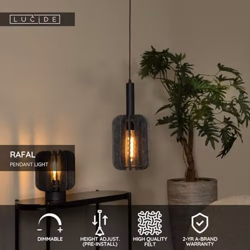 Lucide RAFAL Grey Fabric Pendant Light, Diameter: 20 cm – 2