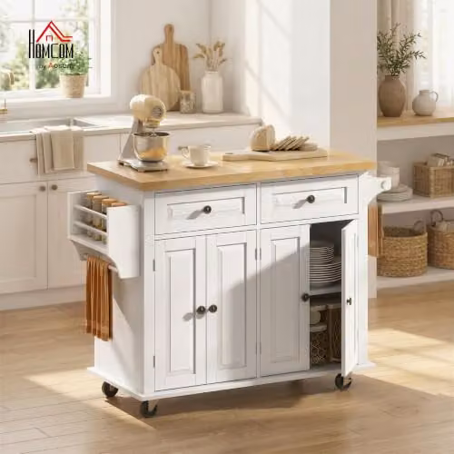HOMCOM Rolling Kitchen Island Storage Trolley in White with Castors, W/D/H: 82.5 x 44.5 x 111 cm – 2