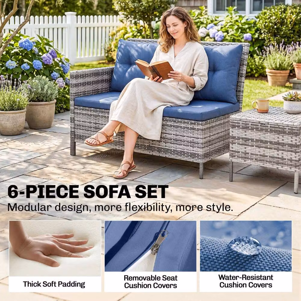 OUTSUNNY 6 Piece Rattan Garden Sofa Set with Dark Blue Cushions and Black Metal Frame – 4