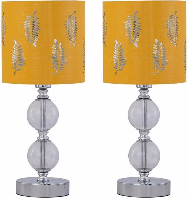 First Choice Lighting Set of 2 Chrome Two Ball Table Lamps with Yellow Fabric Fern Shades