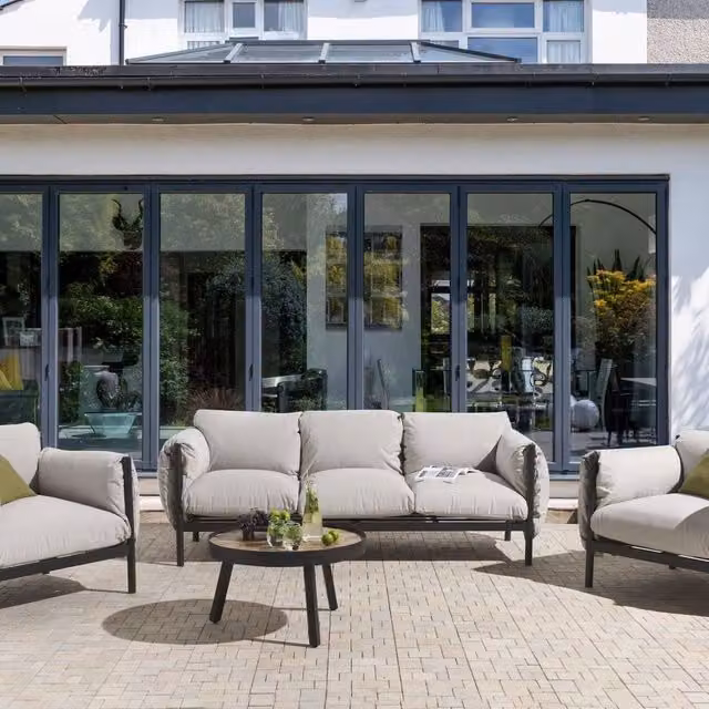 Wyld and Coco Aluminium 3 Seater Garden Sofa Set with Two Armchairs and Black and Grey Cushions – 1