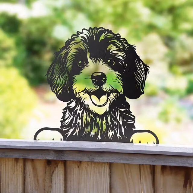 Betley Butterfly Peeking Dog Silhouette Fence Topper, Black Cockapoo