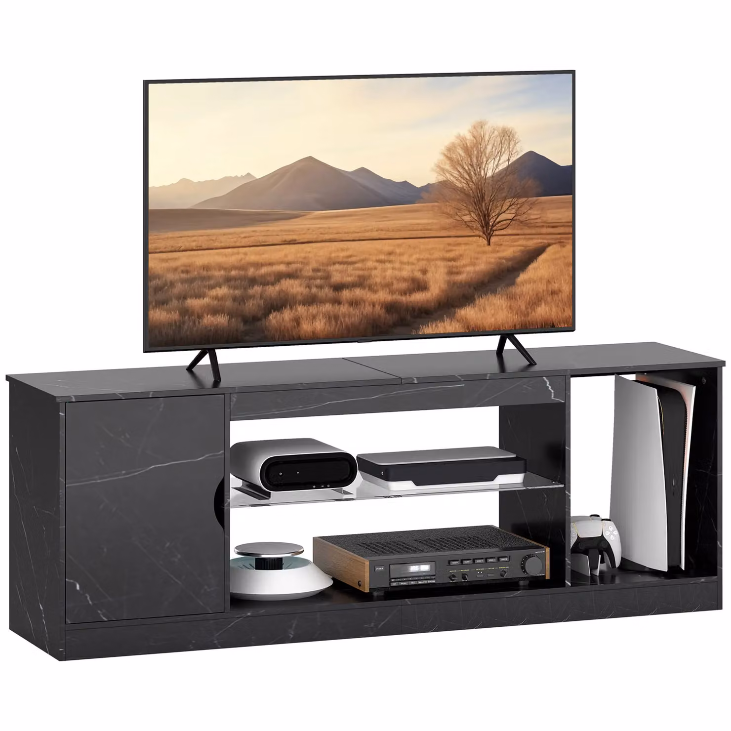 HOMCOM Marble Effect TV Stand Cabinet with Glass Shelf in Black, W: 150 cm, D: 35 cm – 2