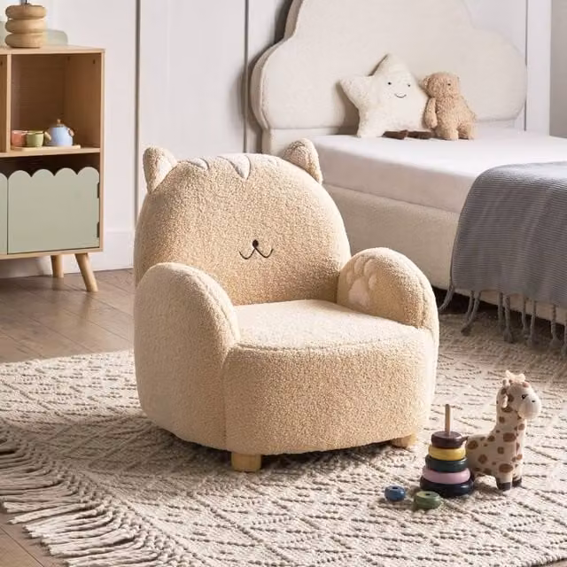Wyld Haus Cat-Shaped Kids Armchair in Beige Bouclé Upholstery with Solid Wood Frame, W/D/H: 59.0 x 54.0 x 55.0 cm