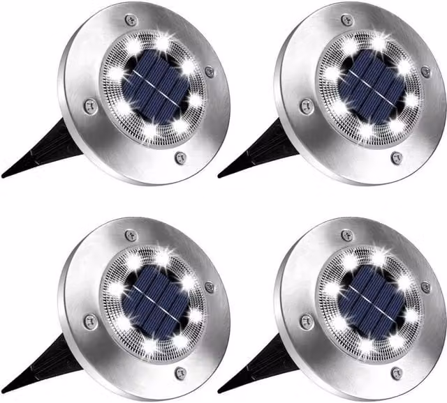 NESTLUNE 4 Pack Solar Powered Recessed Ground Lights in Silver with Cool White Transparent Glass for Garden and Terrace