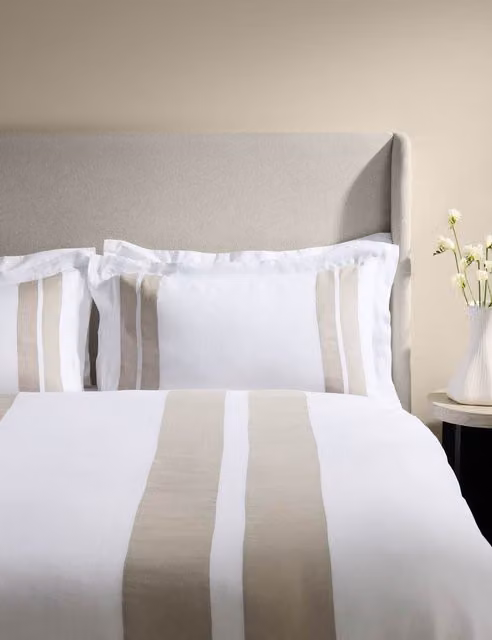 M&S x Kelly Hoppen Pure Linen Striped Bedding Set in Beige and Taupe, 140 x 200 cm
