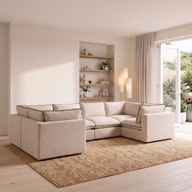 Furniturebox UK Echo 5 Seater U-Shaped Modular Corner Sofa in Linen-Look Fabric with Cream and Green Trim