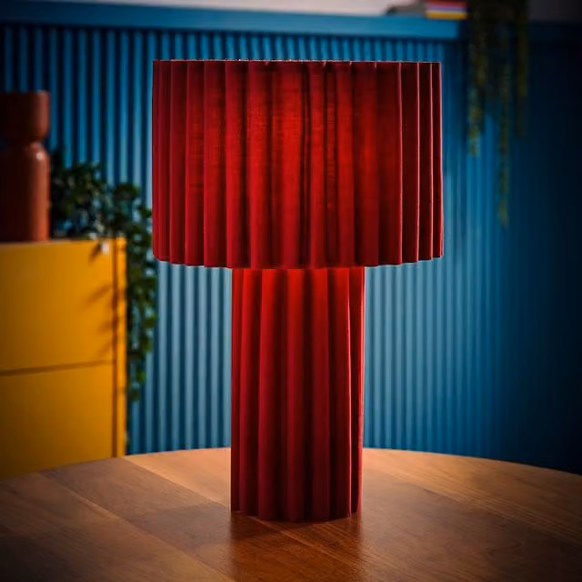ValueLights Lenny Ribbed Fabric Table Lamp with Cylinder Drum Lampshade and LED Bulb in Red or Green
