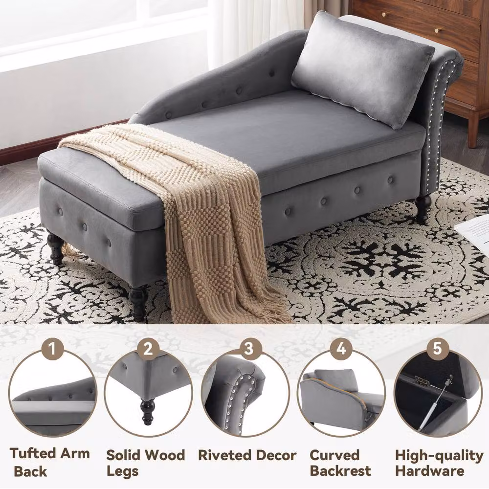Matteo Velvet Chaise Lounge Sofa with Storage, Grey – 3