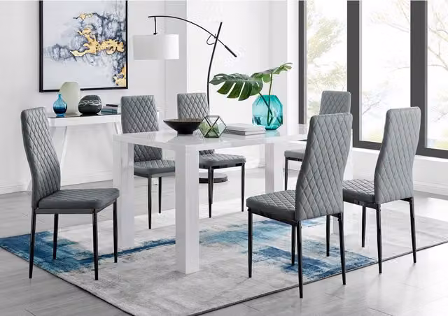 FurnitureboxUK Pivero 6 White Rectangular Dining Table and 6 Milan Black Leg Chairs in Grey