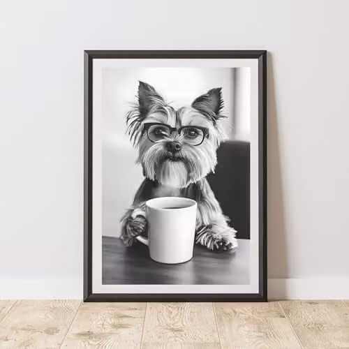 60 Second Makeover Yorkshire Terrier Drinking Coffee Illustration Wall Art Print, Multicolour, A3