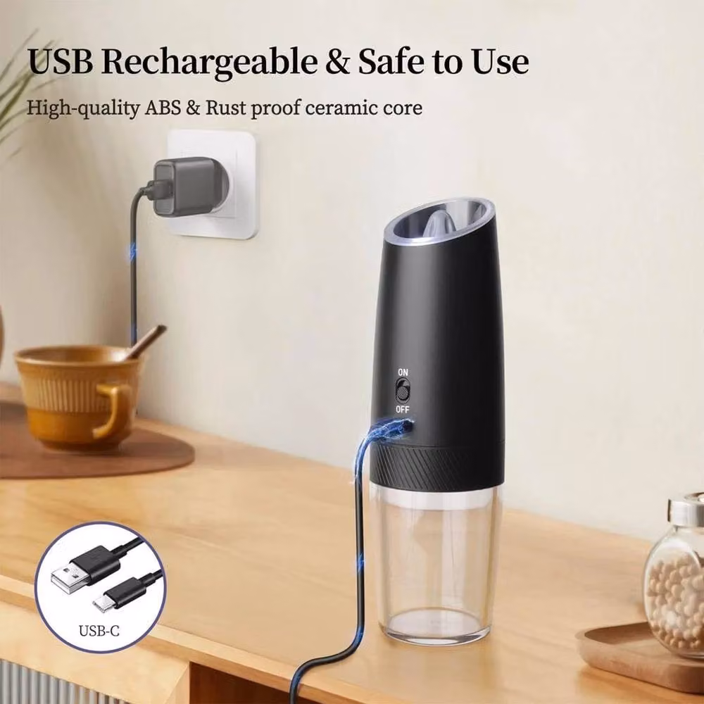 Kelvenix Gravity Electric Salt and Pepper Grinder Set, Black and Multicolour, USB Rechargeable, 100 ml – 4