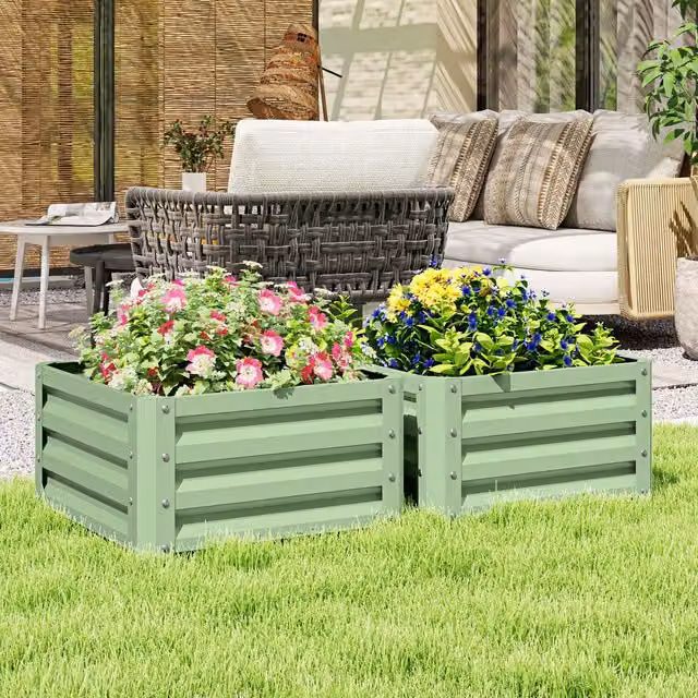 Outsunny Set of 2 Green Metal Raised Garden Beds for Vegetable Gardening