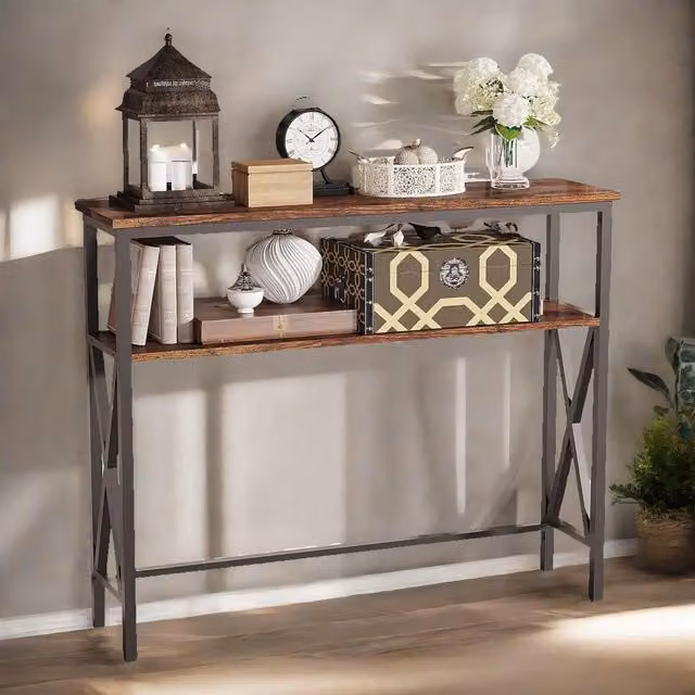 Rafaelo Mobilia Industrial Console Table with 2 Shelves in Dark Brown