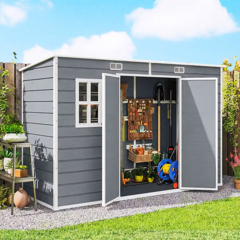 Outsunny Grey Resin Garden Storage Shed with Windows, Floor and Lockable Double Doors, W: 304.8 cm, D: 123.0 cm, H: 184.0 cm