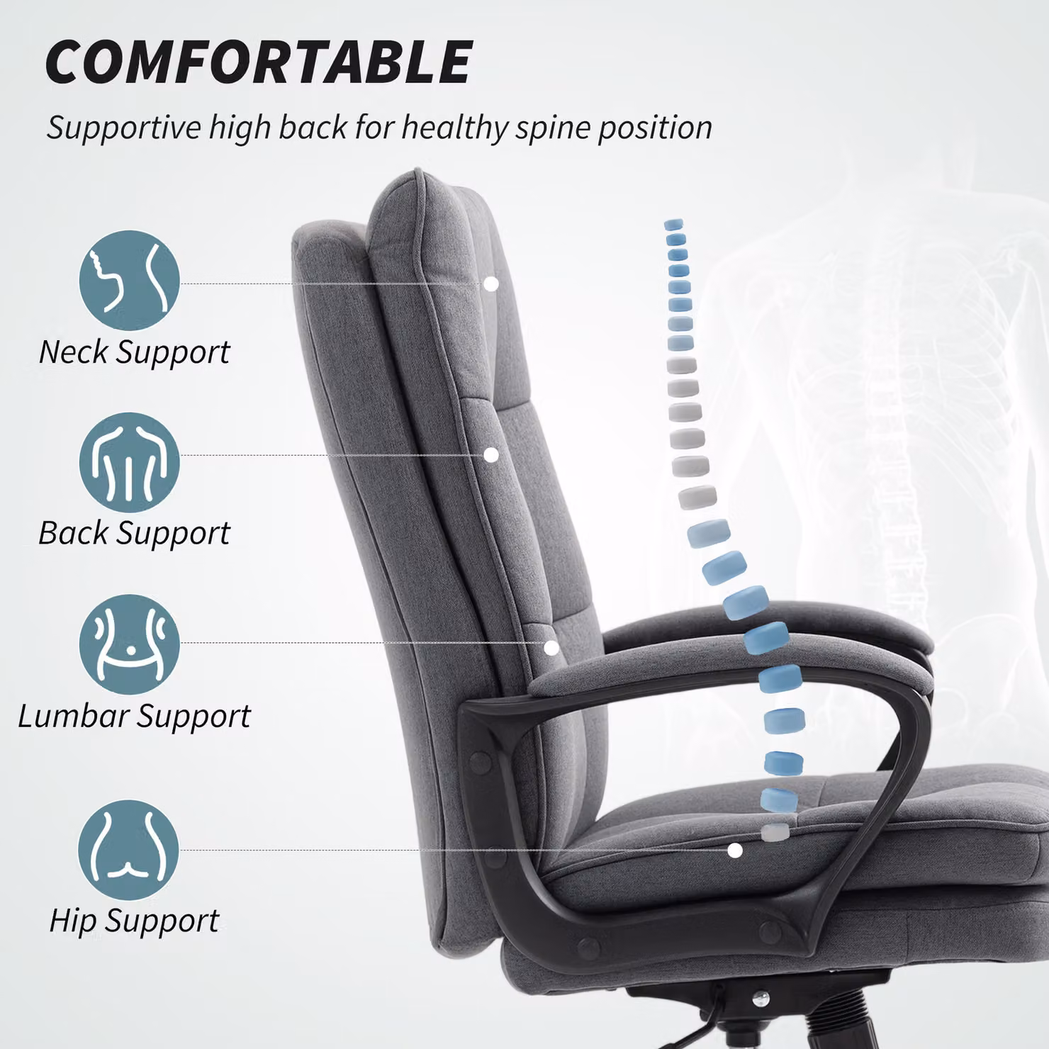 HOMCOM Grey Fabric Upholstered Task Chair with Armrests and 360 Degree Swivel – 4