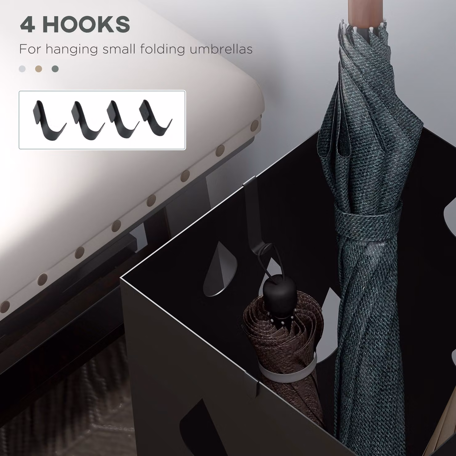 HOMCOM Freestanding Square Metal Umbrella Stand with 4 Hooks and Removable Drip Tray, Dark Grey – 6