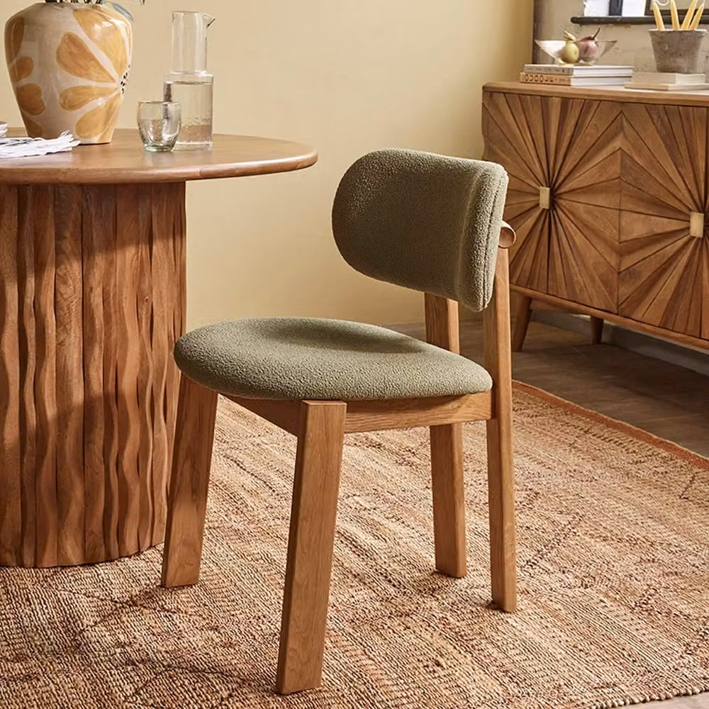 Atkin and Thyme Cora Oak Armless Dining Chair in Green Bouclé