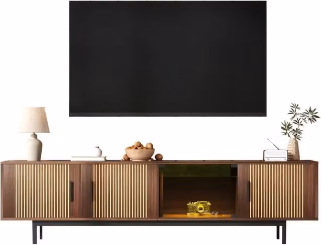 BTM Modern Brown TV Cabinet with Carved Texture, LED Strip and Tempered Glass Door