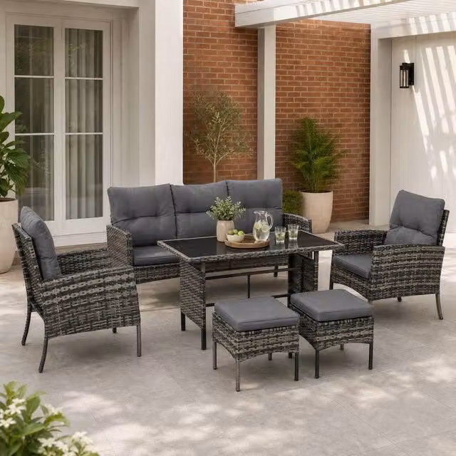 STILVORA 5-Seater Grey Sofa with Glass-Top Table and Metal Rattan Details