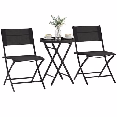 Outsunny 3 Piece Outdoor Bistro Set with Glass Top Round Table and 2 Folding Chairs in Black