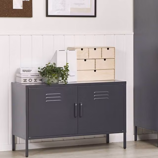 Wyld and Coco 2-Door Industrial Matte Black Steel Sideboard – 1