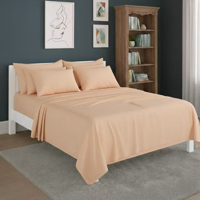 Snug City Peach Plain Poly Cotton Easy Care Fitted Sheet and Matching Pillowcases Set, W/D/H: 140 x 200 cm – 1