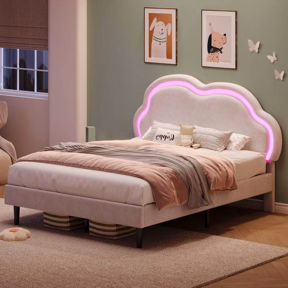 Rolipo Double Upholstered Velvet Bed Frame with LED Cloud Headboard in White, W/D/H: 140 x 200 cm – 2