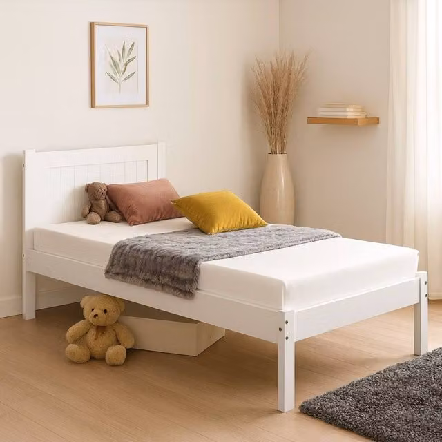 Amani White Solid Pine Wooden Bed Frame Clifton Style with Slatted Headboard, 180 x 200 cm