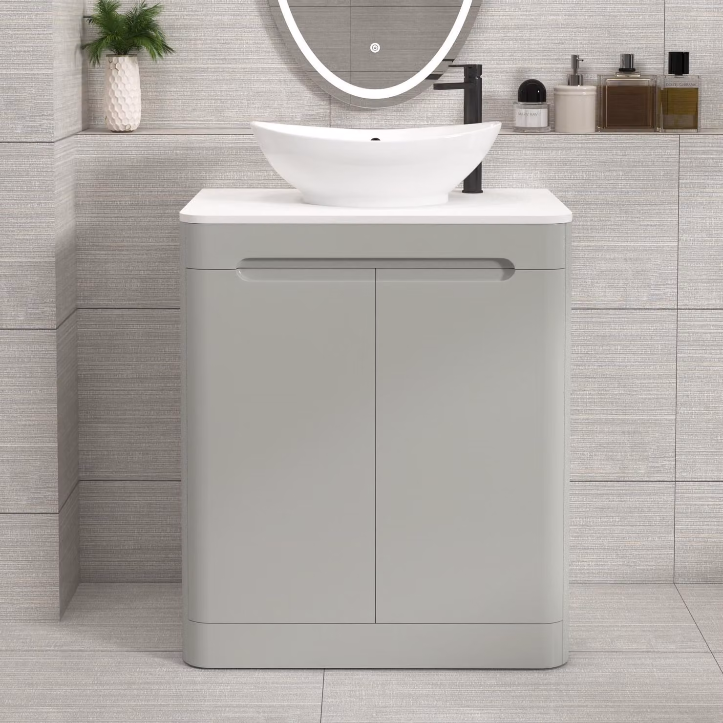 Royal Bathrooms Venice 700mm Floor Standing 2 Door Vanity Unit in Dove Grey with Plain White Worktop and Amaze Basin
