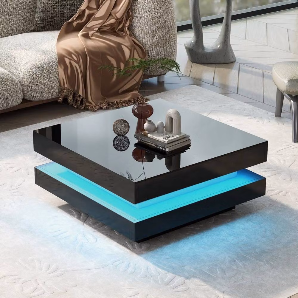 KORVIXA Black Glossy Square Glass Coffee Table W/D/H: 100 x 100 x 36 cm – 4