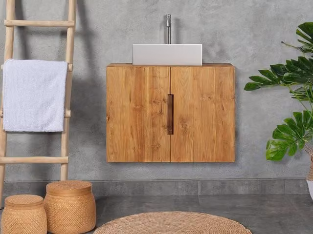 Vente-unique SAWAN Wall-Mounted Teak Bathroom Unit with Single Washbasin in Light Oak – 1